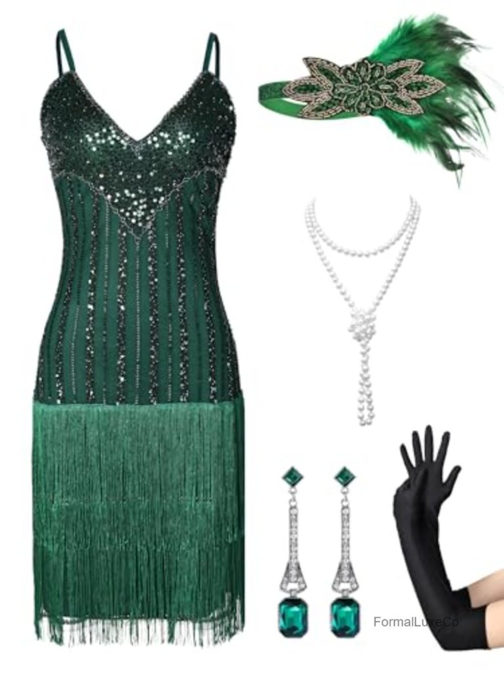 1920s Flapper Dress Sequin Fringe Costume Set Roaring 20s Gatsby